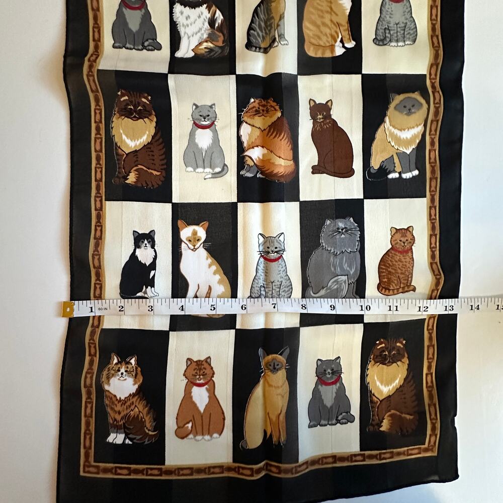 Cat Checkerboard Scarf Black Cream Brown Rectangle Novelty Whimsical Retro - Picture 5 of 7